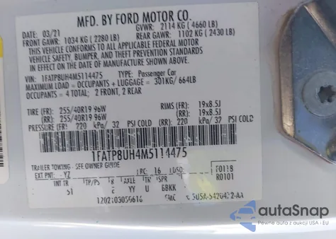 2021 Ford Mustang из США, поврежденный, VIN 1FATP8UH4M5114475